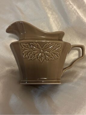 222 Fifth Taupe Ceramic Creamer with Leaf Relief